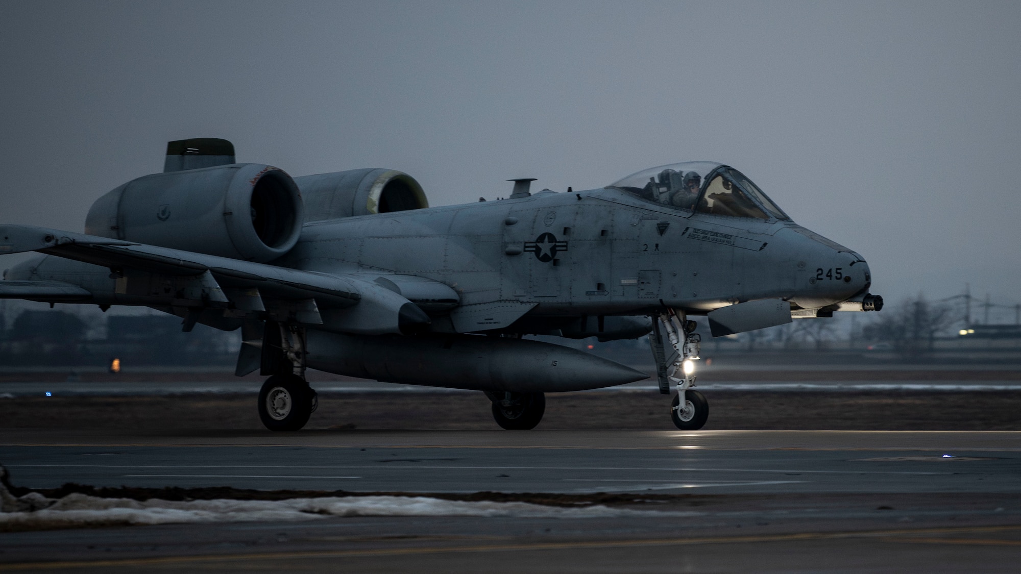 A U.S. Air Force A-10 Thunderbolt II assigned to the 25th Fighter Squadron taxis down a runway at Osan Air Base, Republic of Korea, Feb. 12, 2025. The aircraft participated in a combined arms live fire exercise with U.S. and ROK Army assets to enhance interoperability in close air support operations. This iteration of the CALFEX marked one of the last exercises with A-10 participation. (U.S. Air Force photo by Staff Sgt. Ashley N. Mikaio)