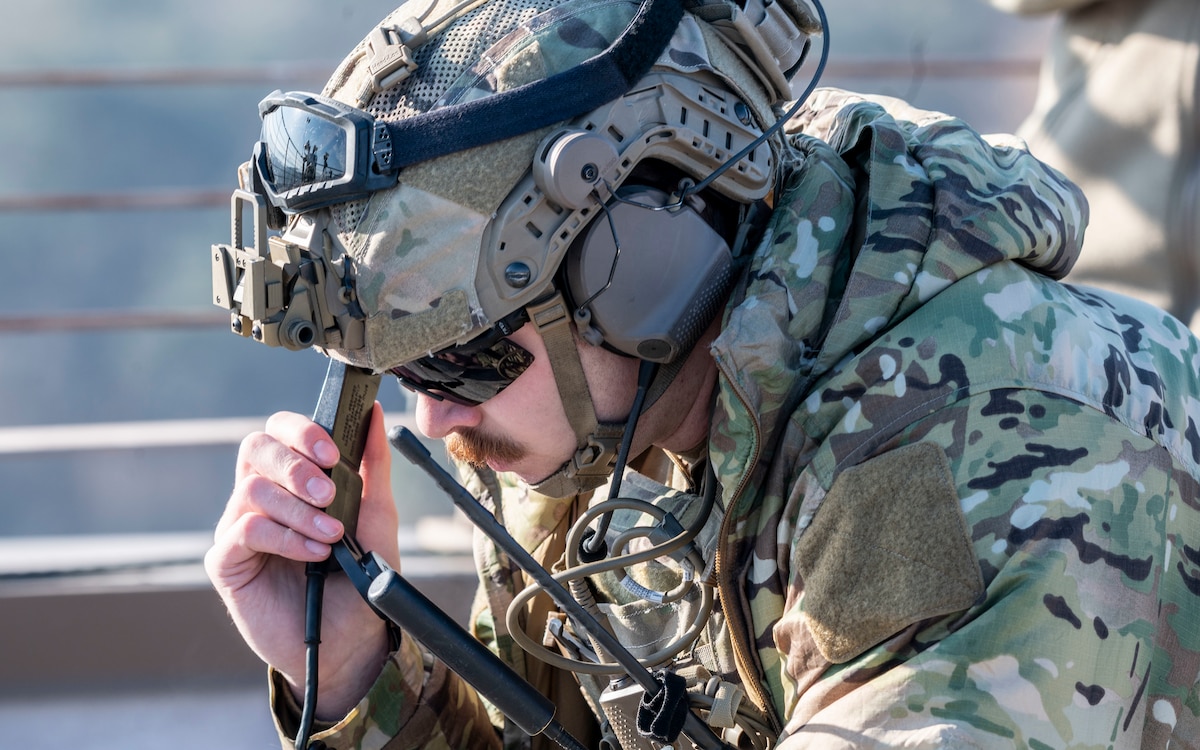 U.S. Air Force Senior Airman David Femal, 604th Air Support Operations Squadron tactical air control party operator, communicates with an inbound A-10 Thunderbolt II at Rodriguez Live Fire Complex, Republic of Korea, Feb. 24, 2025. The TACPs supported the combined arms live fire exercise incorporating multiple weapons systems to enhance close air support operations. (U.S. Air Force photo by Staff Sgt. Ashley N. Mikaio)