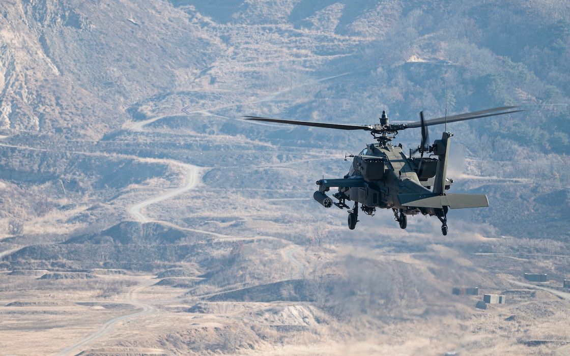 A U.S. Army AH-64 Apache assigned to the 5-17 Air Cavalry Squadron prepares for live-fire at Rodriguez Live Fire Complex, Republic of Korea, Feb. 24, 2025. The U.S. Army, U.S. Air Force, and ROK Army assets worked together for a combined arms live fire exercise. This CALFEX demonstrates the U.S.’s ironclad resolve to the U.S.-ROK alliance and strengthens collective deterrence on the Korean Peninsula. (U.S. Air Force photo by Staff Sgt. Ashley N. Mikaio)