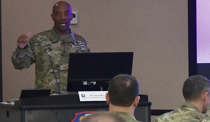 Lt. Gen. Sean A. Gainey, U.S. Army Space and Missile Defense Command commanding general, addresses command leaders as he hosts an SMDC Commander’s Conference at Redstone Arsenal, Alabama, Feb. 25-26. The conference provided attendees with an opportunity to gain insight and engage in discussions with fellow leaders throughout the global command. (U.S. Army photo by Jason B. Cutshaw)