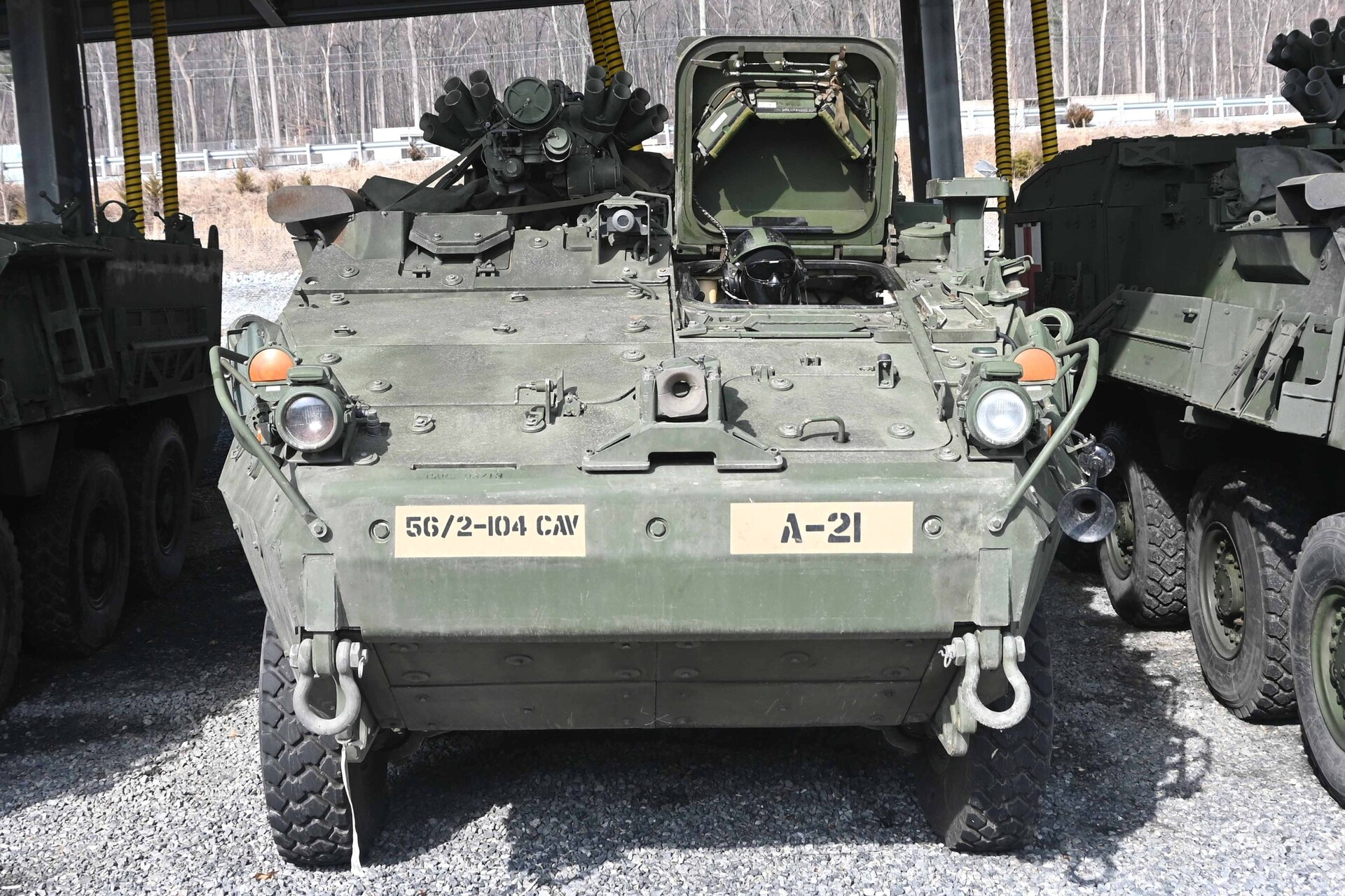 Upgraded double-V hull Strykers sit at Fort Indiantown Gap, Pa., on Feb. 27, 2005. The 56th Stryker Brigade Combat Team is receiving 324 upgraded Strykers and 300 Joint Light Tactical Vehicles as part of a program to modernize the brigade. (Pennsylvania National Guard photo by Brad Rhen)