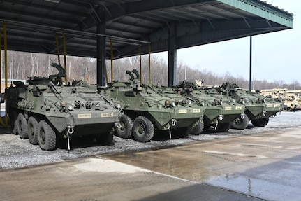 Upgraded double-V hull Strykers sit at Fort Indiantown Gap, Pa., on Feb. 27, 2005. The 56th Stryker Brigade Combat Team is receiving 324 upgraded Strykers and 300 Joint Light Tactical Vehicles as part of a program to modernize the brigade. (Pennsylvania National Guard photo by Brad Rhen)