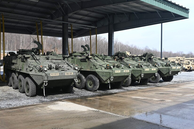 Upgraded double-V hull Strykers sit at Fort Indiantown Gap, Pa., on Feb. 27, 2005. The 56th Stryker Brigade Combat Team is receiving 324 upgraded Strykers and 300 Joint Light Tactical Vehicles as part of a program to modernize the brigade. (Pennsylvania National Guard photo by Brad Rhen)