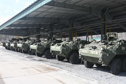 Upgraded double-V hull Strykers sit at Fort Indiantown Gap, Pa., on Feb. 27, 2005. The 56th Stryker Brigade Combat Team is receiving 324 upgraded Strykers and 300 Joint Light Tactical Vehicles as part of a program to modernize the brigade. (Pennsylvania National Guard photo by Brad Rhen)