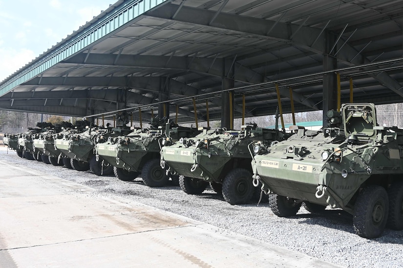 Upgraded double-V hull Strykers sit at Fort Indiantown Gap, Pa., on Feb. 27, 2005. The 56th Stryker Brigade Combat Team is receiving 324 upgraded Strykers and 300 Joint Light Tactical Vehicles as part of a program to modernize the brigade. (Pennsylvania National Guard photo by Brad Rhen)