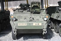 Upgraded double-V hull Strykers sit at Fort Indiantown Gap, Pa., on Feb. 27, 2005. The 56th Stryker Brigade Combat Team is receiving 324 upgraded Strykers and 300 Joint Light Tactical Vehicles as part of a program to modernize the brigade. (Pennsylvania National Guard photo by Brad Rhen)