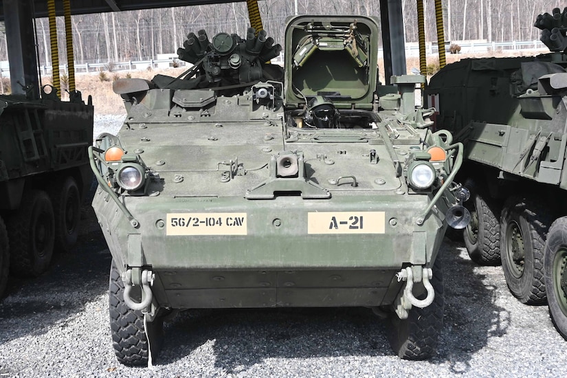 Upgraded double-V hull Strykers sit at Fort Indiantown Gap, Pa., on Feb. 27, 2005. The 56th Stryker Brigade Combat Team is receiving 324 upgraded Strykers and 300 Joint Light Tactical Vehicles as part of a program to modernize the brigade. (Pennsylvania National Guard photo by Brad Rhen)