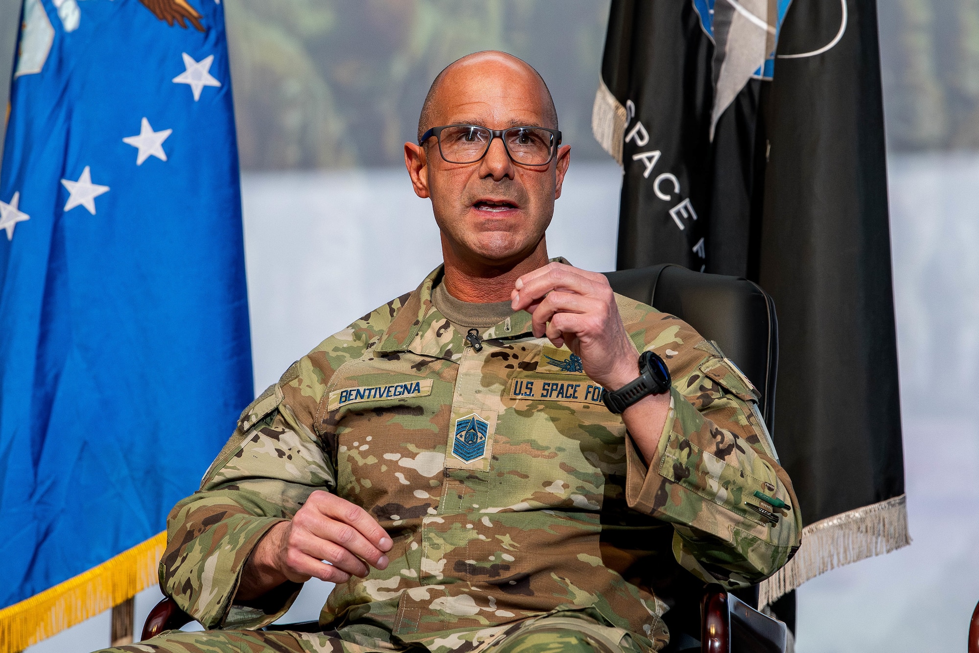 Chief Master Sergeant of the Space Force John Bentivegna, speaks during a senior leader panel at the National Character and Leadership Symposium at the U.S. Air Force Academy