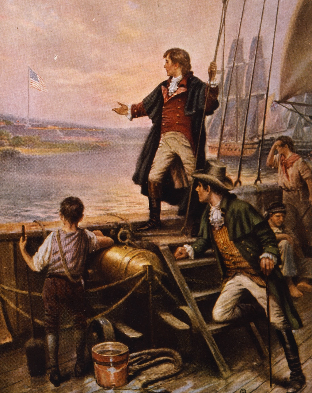 A painting of a man on a boat gesturing toward a fort under siege.