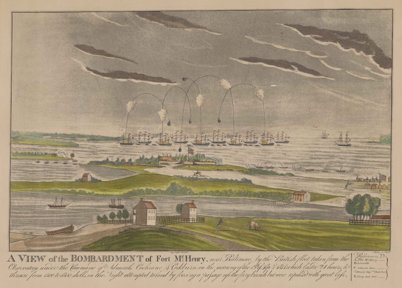 A painting of a bombardment of a fort.
