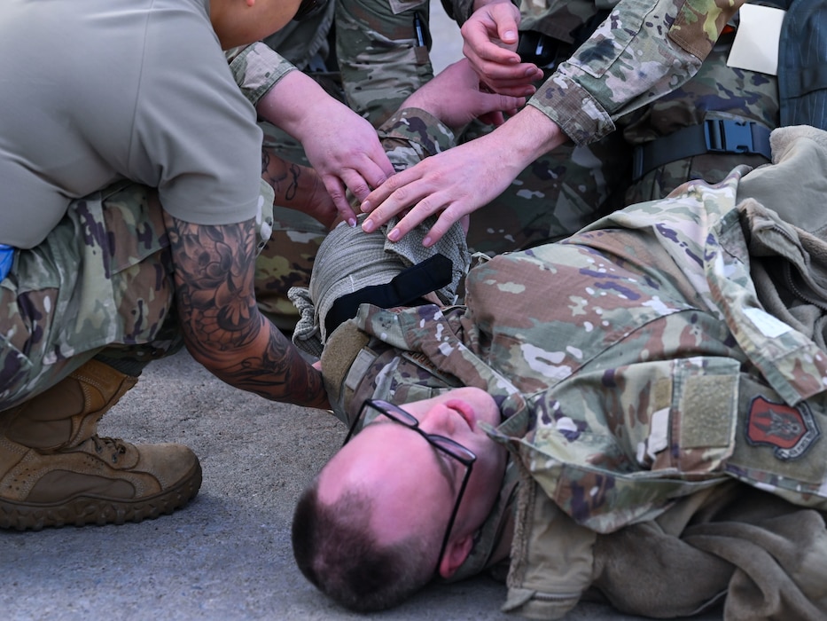 man is bandaged in training scenario