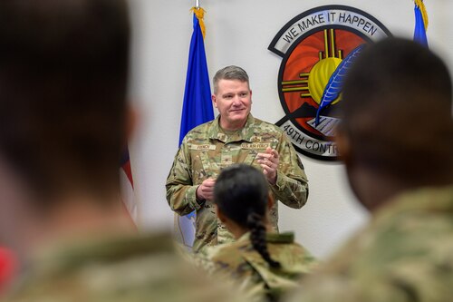 U.S. Air Force Brig. Gen. Lance French, Air Force Installation Contracting Center commander, speaks during a 49th Contracting Squadron briefing at Holloman Air Force Base, New Mexico, Feb. 25, 2025.