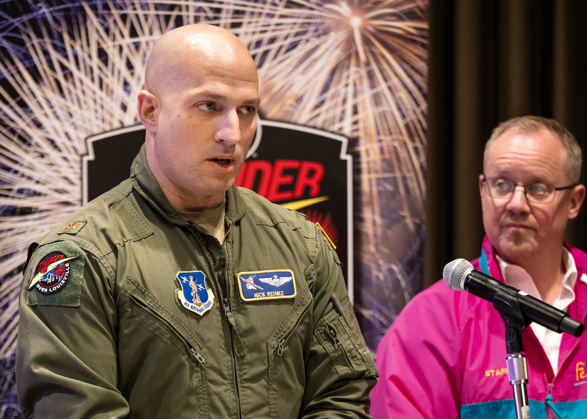 Maj. Nick Reinke, a C-130J Super Hercules pilot for the Kentucky Air National Guard, discusses scheduled highlights for this year’s Thunder Over Louisville air show during a press conference held in Louisville, Ky., March 3, 2025. The Kentucky Air Guard’s 165th Airlift Squadron and 123rd Special Tactics Squadron will be performing demos during the show, scheduled for April 12. (U.S. Air National Guard photo by Dale Greer)