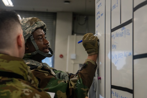 U.S. Air Force Airmen assigned to the 374th Medical Group assess and prepare simulated patients.
