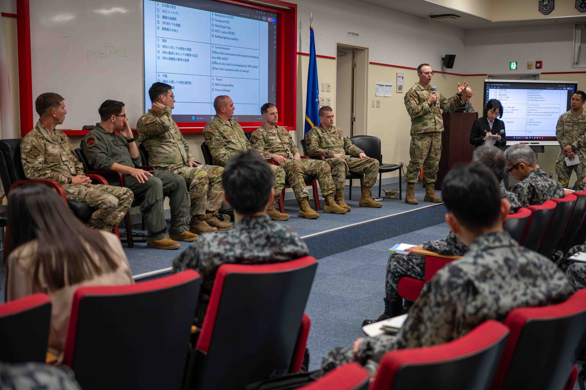 U.S. Air Force Chief Master Sgt. Shaun Campbell, 5th Air Force command chief, speaks during a chief’s panel in support of a bilateral senior enlisted leadership training at Kadena Air Base, Japan, Feb. 18, 2025.