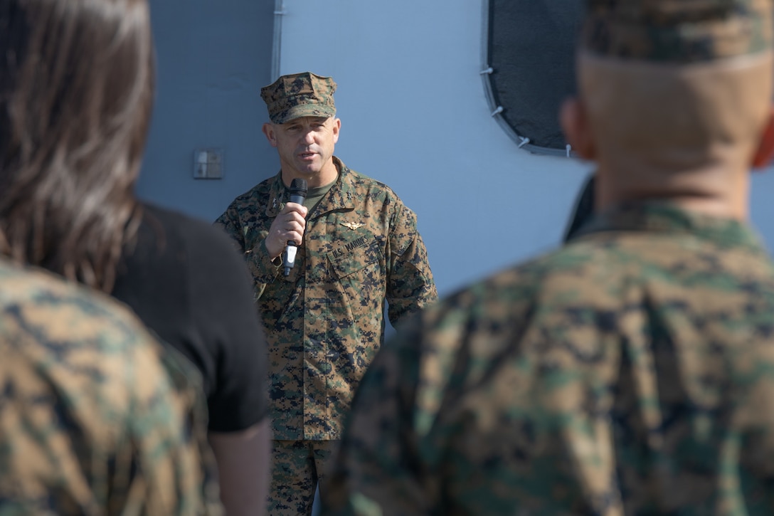 U.S. Marine Corps Maj. Gen. James B. Wellons, commanding general of 3rd Marine Aircraft Wing, gives remarks during the 3rd Marine Aircraft Wing Commander’s Course tour of the Wasp-class amphibious assault ship USS Makin Island (LHD 8) at Naval Base San Diego, California, Feb. 26, 2025.