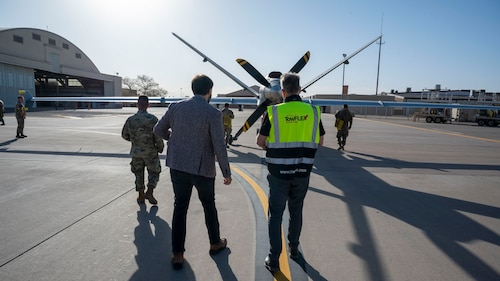 Members of Holloman, TowFLEXX Miltech and Evitado conduct an MQ-9 Reaper towing demonstration at Holloman Air Force Base, New Mexico, Feb. 27, 2025. The collaboration between the 49th Maintenance Group, Evitado Technologies, and TowFLEXX Miltech is to advance aircraft towing operations by integrating electric tugs with Light Detection and Ranging sensor collision detection, boosting safety, reducing costs, and supporting the U.S. Air Force’s sustainability and mission readiness objectives. (U.S. Air Force photo by Senior Airman Isaiah Pedrazzini)