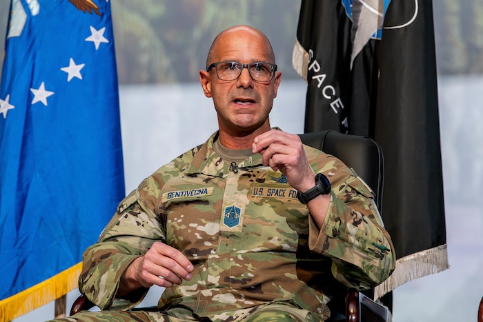 Chief Master Sergeant of the Space Force John Bentivegna, speaks during a senior leader panel at the National Character and Leadership Symposium at the U.S. Air Force Academy