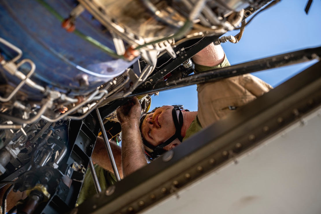 Marines assigned to the Marine Medium Tiltrotor Squadron 261 Reinforced conduct routine maintenance and daily inspections on a MV-22B Osprey on Camp Lemonnier, Djibouti, Jan. 17,  2024.