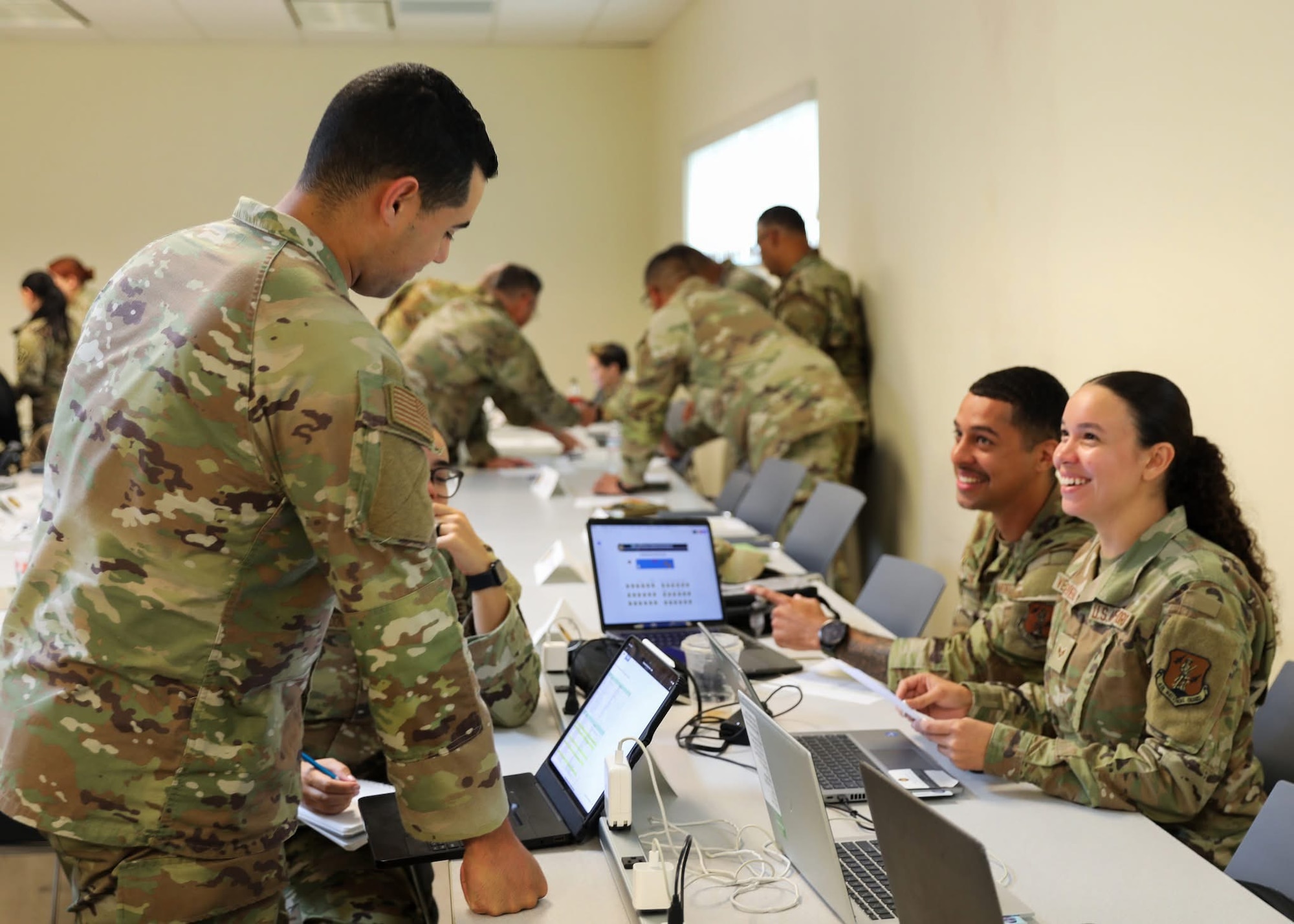U.S. Airmen with the Puerto Rico Air National Guard participate in a joint protocol training conducted by the National Guard Bureau protocol office at Fort Buchanan, Bayamón, Puerto Rico, Feb. 25, 2025. More than 50 participants received 20 hours of classroom instruction, multiple scenario-based training exercises, and professional anecdotes covering several topics, including military and civilian distinguished visitor protocol, key leadership engagement management, military precedence rules, drafting invitations, the science of seating plans, flag protocol, budgeting, and protocol funding. (U.S. National Guard photo by Mr. Alexis Vélez)