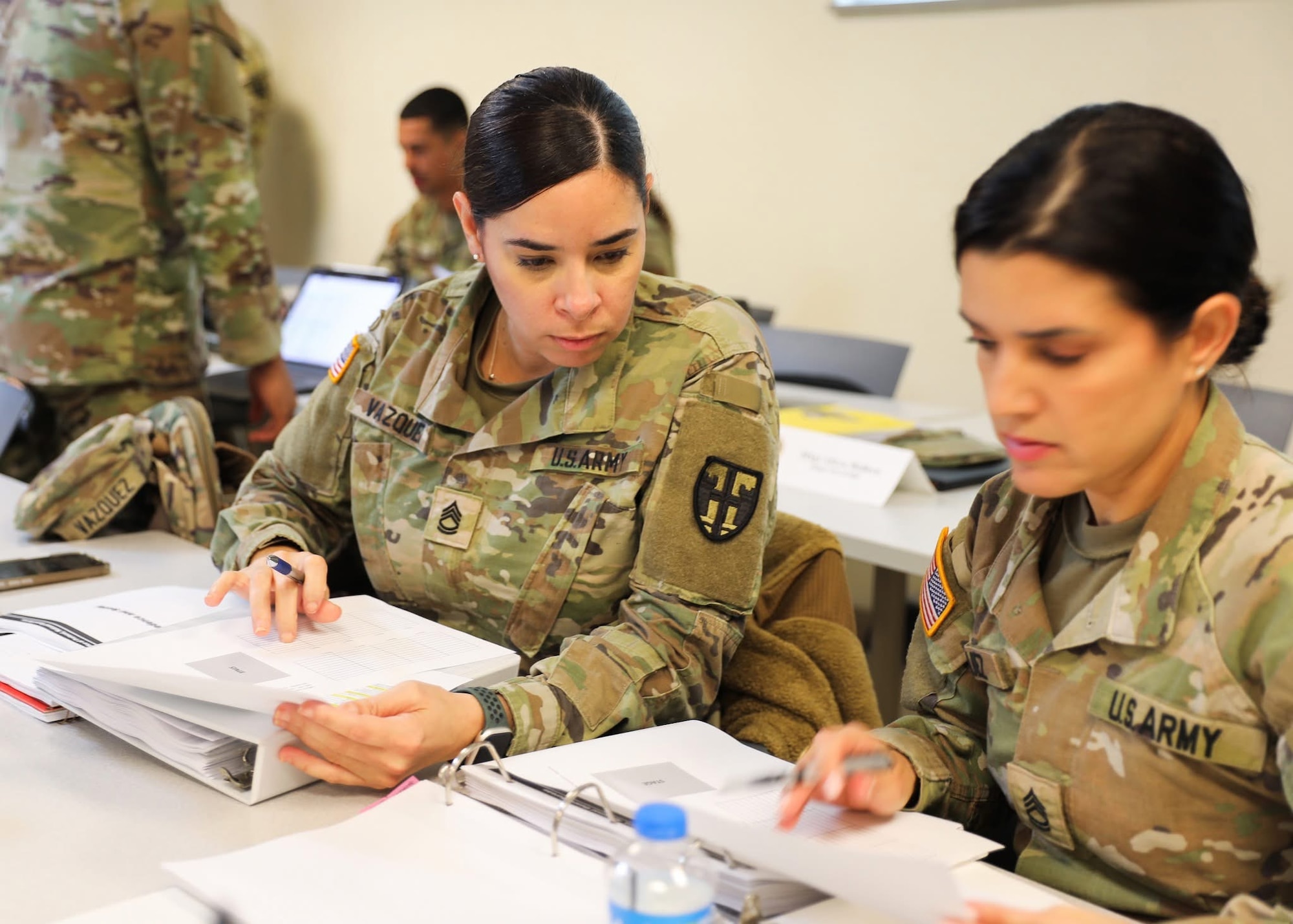 U.S. Soldiers with the Puerto Rico National Guard participate in a joint protocol training conducted by the National Guard Bureau protocol office at Fort Buchanan, Bayamón, Puerto Rico, Feb. 25, 2025. More than 50 participants received 20 hours of classroom instruction, multiple scenario-based training exercises, and professional anecdotes covering several topics, including military and civilian distinguished visitor protocol, key leadership engagement management, military precedence rules, drafting invitations, the science of seating plans, flag protocol, budgeting, and protocol funding. (U.S. National Guard photo by Mr. Alexis Vélez)