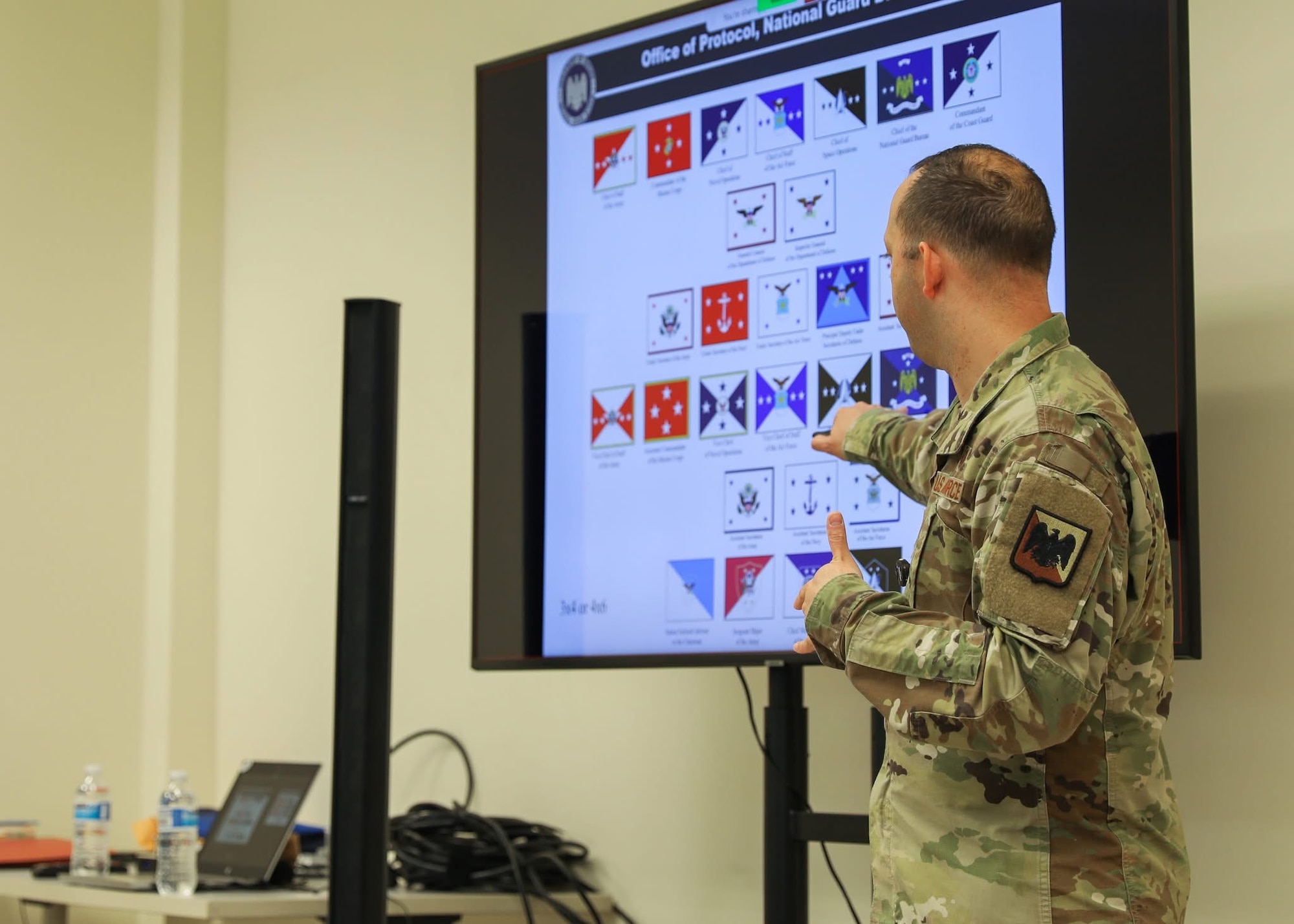 U.S. Air Force Chief Master Sgt. Alexis Del Valle, chief of protocol operations with the National Guard Bureau protocol office, instructs U.S. Soldiers, Airmen, and civilians with the Puerto Rico National Guard during a protocol training at Fort Buchanan, Bayamón, Puerto Rico, Feb. 25, 2025.  More than 50 participants received 20 hours of classroom instruction, multiple scenario-based training exercises, and professional anecdotes covering several topics, including military and civilian distinguished visitor protocol, key leadership engagement management, military precedence rules, drafting invitations, the science of seating plans, flag protocol, budgeting, and protocol funding. (U.S. National Guard photo by Mr. Alexis Vélez)