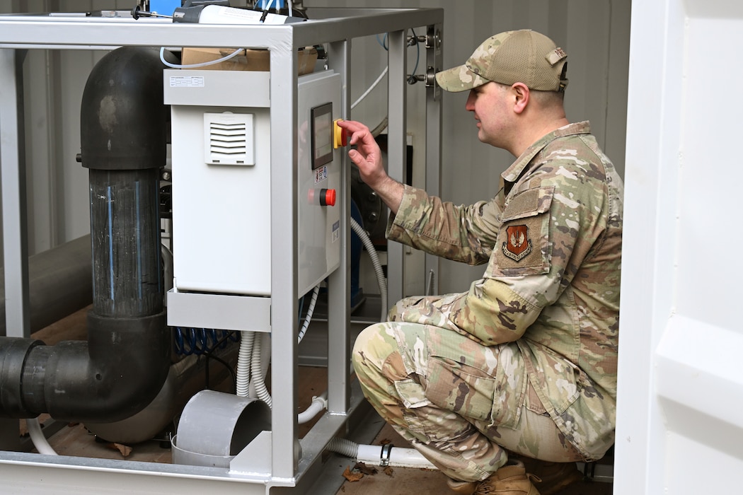 U.S. Air Force Master Sgt. James Porter, 52nd Civil Engineer Squadron facility superintendent, operates the Nanobubble Generator at the wastewater treatment facility on Spangdahlem Air Base, Germany, Feb. 28, 2025. The nanobubble technology enhances wastewater treatment efficiency by breaking down contaminants and improving environmental compliance. (U.S. Air Force photo by Senior Airman Darius Frazier)