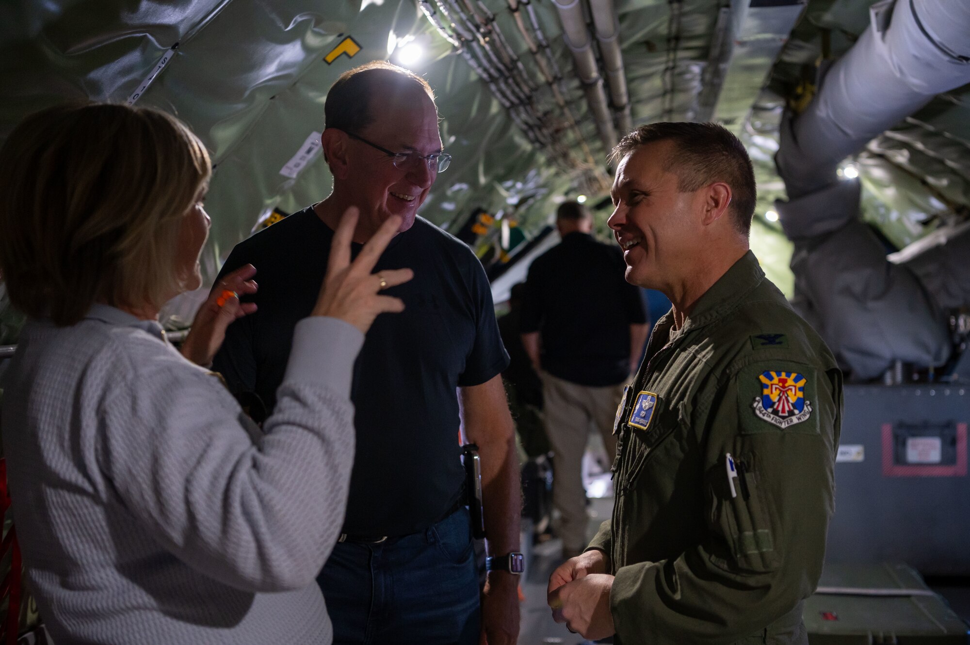 944th Fighter Wing Honorary Commanders engage with Col Todd Riddle, 944th Fighter Wing commander, aboard a KC-135 Stratotanker from Goldwater Air National Guard Base, Ariz., Nov. 8, 2024. This opportunity provided a firsthand experience to these civic leaders, gaining insights into the teamwork and expertise required for successful in-flight refueling operations. (U.S. Air Force photo by Senior Airman Alexis Orozco)