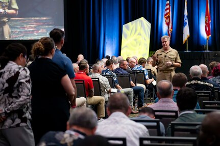 Adm. Samuel J. Paparo, commander of U.S. Indo-Pacific Command, delivers the keynote address at the annual Pacific Operational Science & Technology Conference at the Hawaii Convention Center in Honolulu, March 3, 2025.