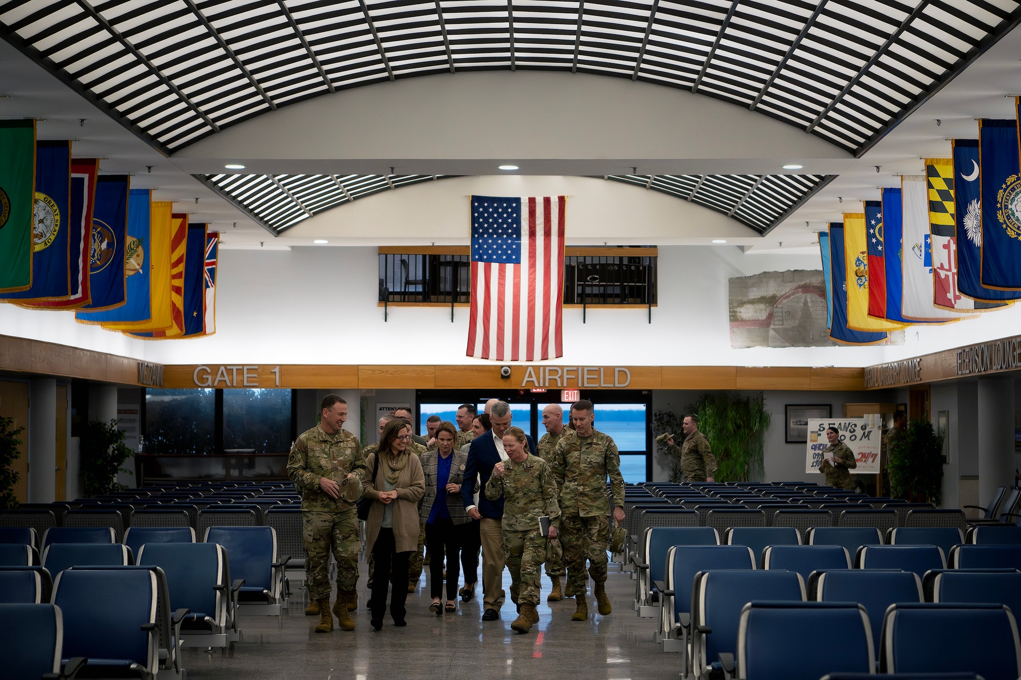 U.S. Air Force Gen. Johnny Lamontagne, commander of Air Mobility Command, the AMC command team and Brig. Gen. Stephen Snelson, U.S. Air Force Expeditionary Center commander, tour the 305th Air Mobility Command passenger terminal at Joint Base McGuire-Dix-Lakehurst, N.J., Feb. 26, 2025. Col. Kathleen Hasson, 305th AMW commander, led the team on a tour of various ‘Can Do’ wing facilities. (U.S. Air Force photo by Staff Sgt. Austin Knox)
