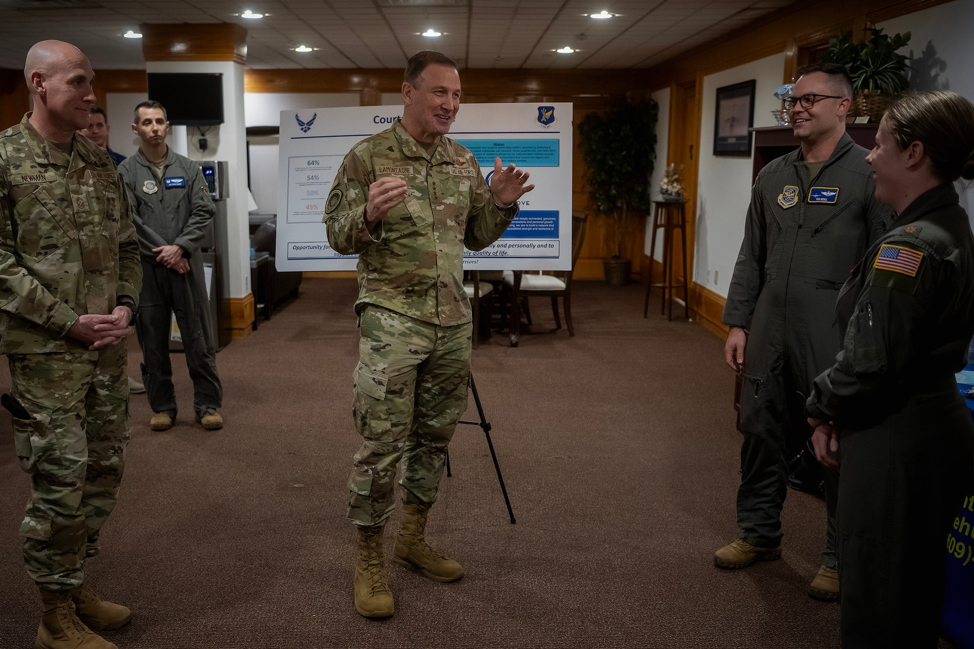 U.S. Air Force Gen. Johnny Lamontagne, commander of Air Mobility Command, and Chief Master Sgt. Jamie Newman, AMC command chief, meet with Airmen at Joint Base McGuire-Dix-Lakehurst, N.J., Feb. 26, 2025. Lamontagne and Newman recognized several star performers throughout his visit, thanking them for their dedication and excellence, acknowledging AMC’s commitment to developing Airmen who are not only technically proficient but also innovative leaders prepared to adapt to emerging challenges. (U.S. Air Force photo by Staff Sgt. Austin Knox)