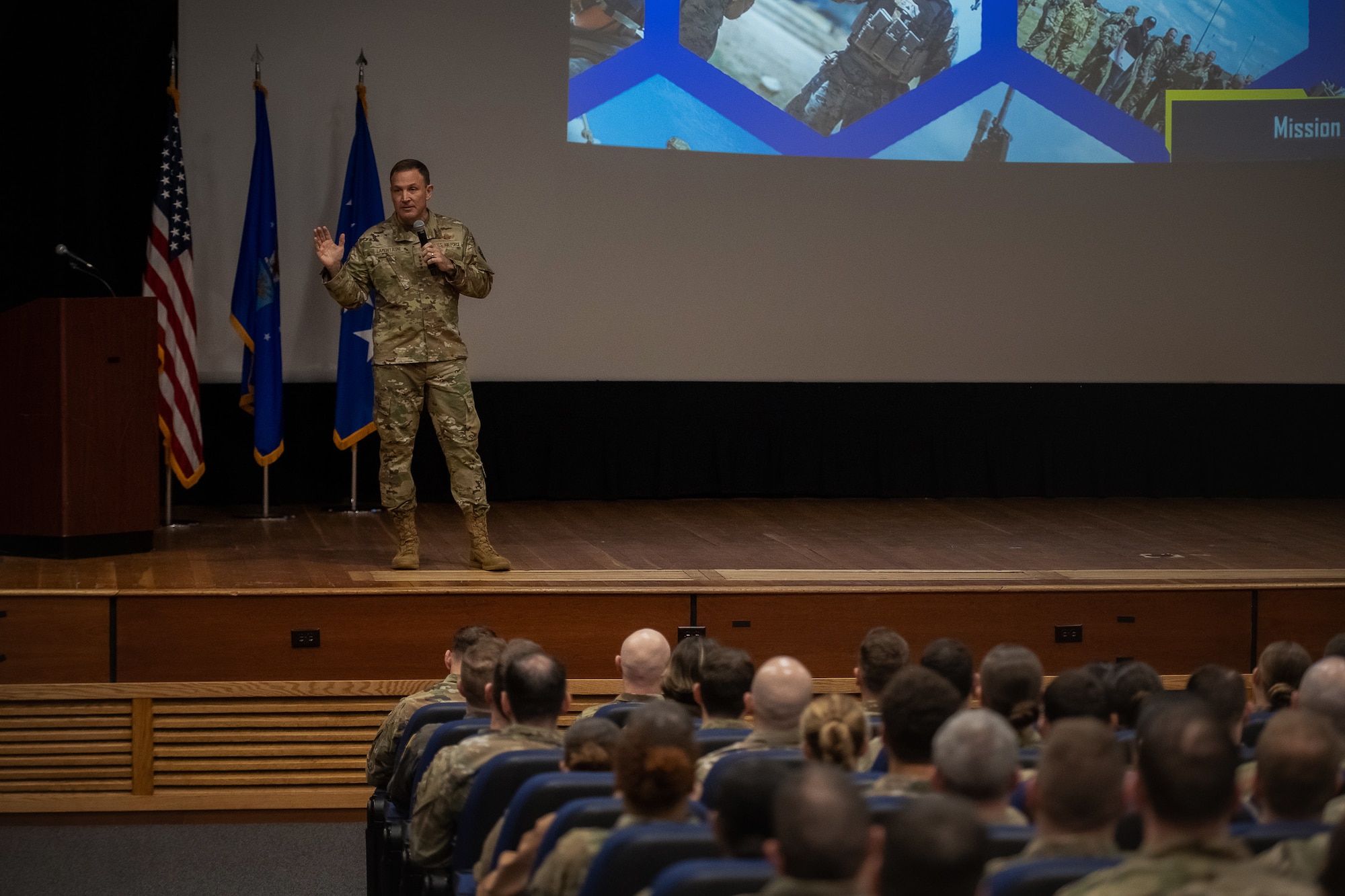 U.S. Air Force Gen. Johnny Lamontagne, commander of Air Mobility Command, conducts a commanders call at Joint Base McGuire-Dix-Lakehurst, N.J., Feb. 28, 2025. Lamontagne underscored AMC’s initiatives centered on developing Mission Ready Airmen, enhancing operational capabilities and strengthening relationships across the military community. (U.S. Air Force photo by Staff Sgt. Austin Knox)