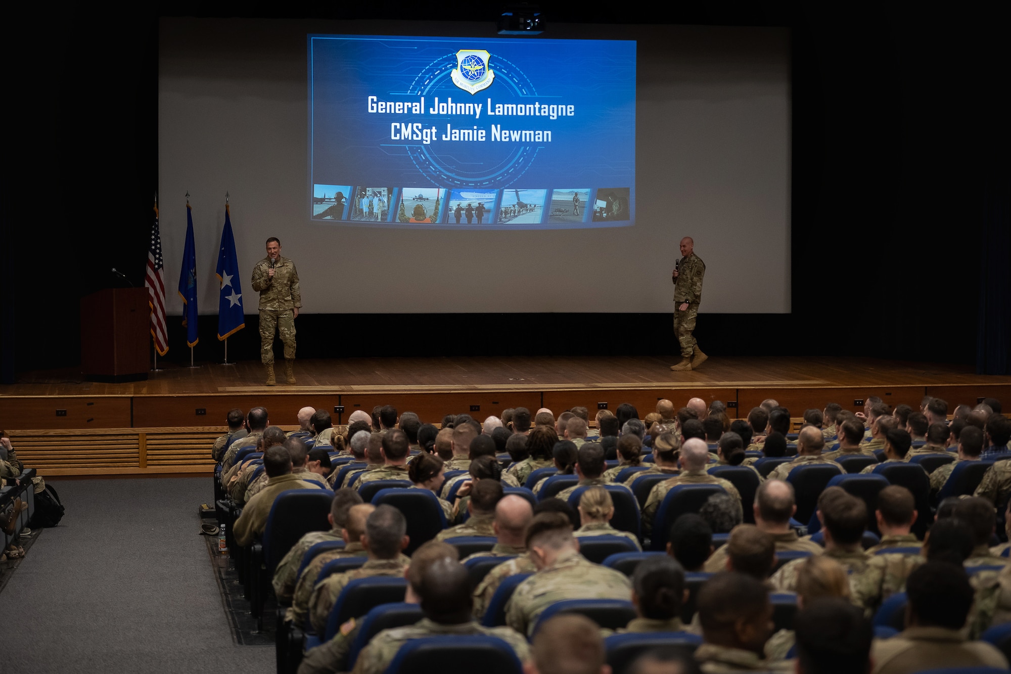 U.S. Air Force Gen. Johnny Lamontagne, commander of Air Mobility Command, and Chief Master Sgt. Jamie Newman, AMC command chief, conduct a commanders call at Joint Base McGuire-Dix-Lakehurst, N.J., Feb. 28, 2025. They underscored AMC’s initiatives centered on developing Mission Ready Airmen, enhancing operational capabilities and strengthening relationships across the military community. (U.S. Air Force photo by Staff Sgt. Austin Knox)