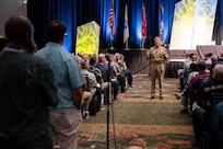 Adm. Samuel J. Paparo, commander of U.S. Indo-Pacific Command, delivers the keynote address at the annual Pacific Operational Science & Technology Conference at the Hawaii Convention Center in Honolulu, March 3, 2025.