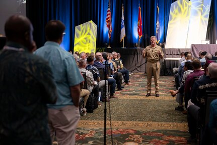 Adm. Samuel J. Paparo, commander of U.S. Indo-Pacific Command, delivers the keynote address at the annual Pacific Operational Science & Technology Conference at the Hawaii Convention Center in Honolulu, March 3, 2025.