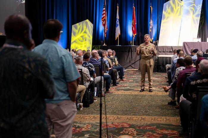 Adm. Samuel J. Paparo, commander of U.S. Indo-Pacific Command, delivers the keynote address at the annual Pacific Operational Science & Technology Conference at the Hawaii Convention Center in Honolulu, March 3, 2025.