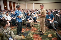 Adm. Samuel J. Paparo, commander of U.S. Indo-Pacific Command, delivers the keynote address at the annual Pacific Operational Science & Technology Conference at the Hawaii Convention Center in Honolulu, March 3, 2025.