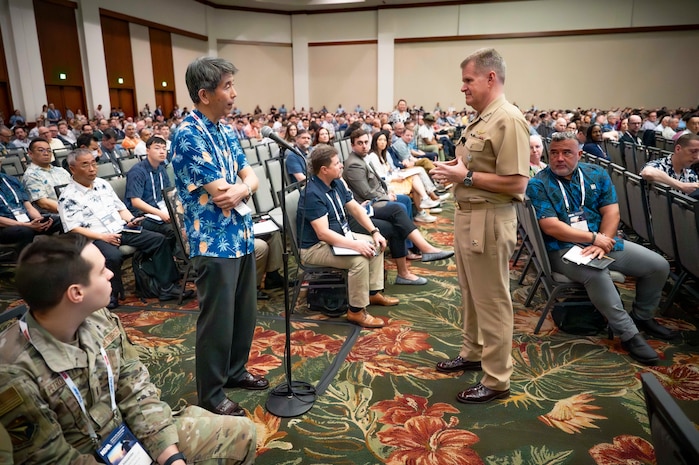 Adm. Samuel J. Paparo, commander of U.S. Indo-Pacific Command, delivers the keynote address at the annual Pacific Operational Science & Technology Conference at the Hawaii Convention Center in Honolulu, March 3, 2025.