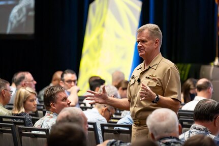 Adm. Samuel J. Paparo, commander of U.S. Indo-Pacific Command, delivers the keynote address at the annual Pacific Operational Science & Technology Conference at the Hawaii Convention Center in Honolulu, March 3, 2025