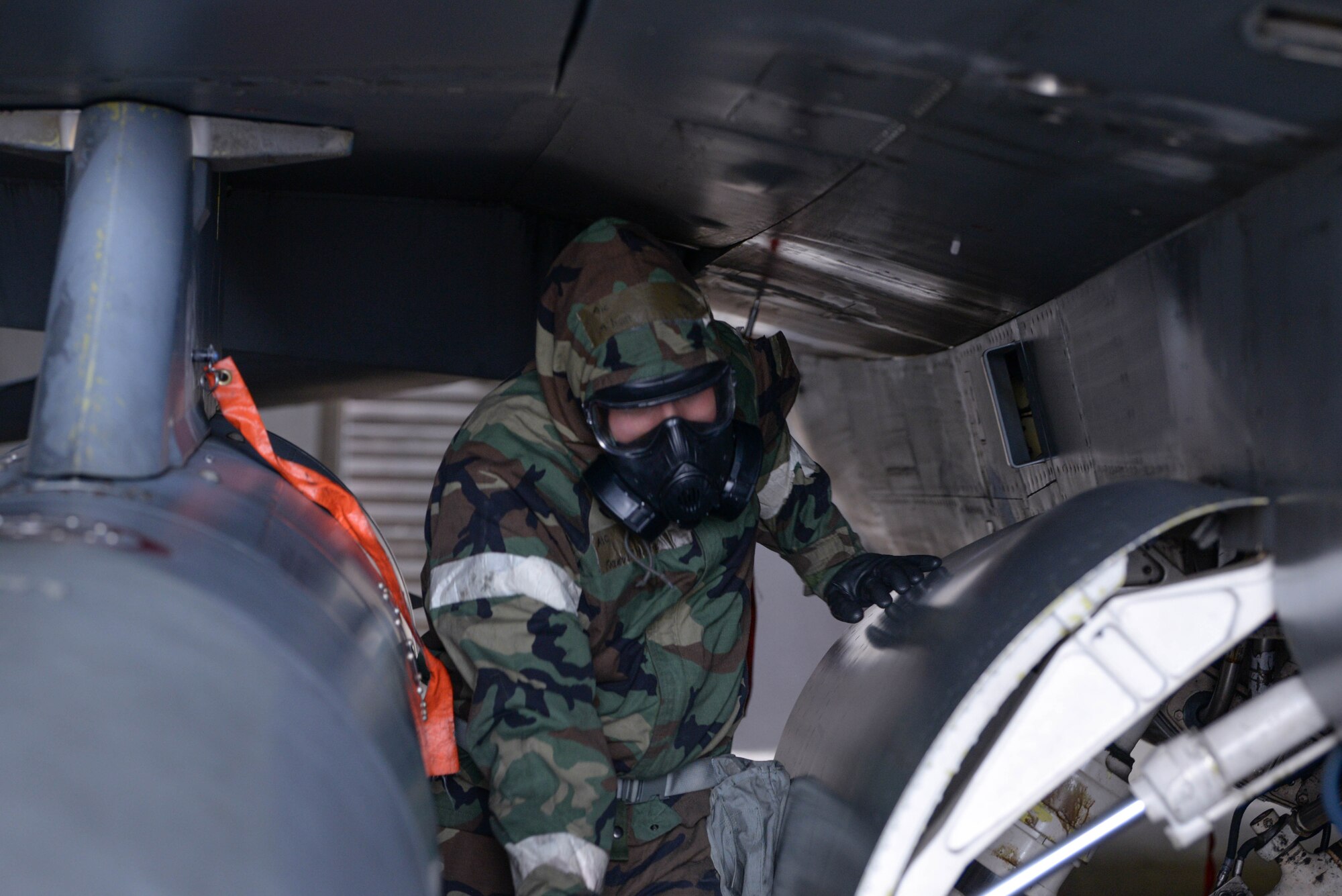 U.S. Air Force Airman 1st Class Joseph Mikson, 36th Fighter Generation Squadron airframe, powerplant and general Airman, simulates decontaminating an F-16 Fighting Falcon assigned to the 36th Fighter Squadron at Osan Air Base, Republic of Korea, Feb. 28, 2025. The decontamination training allowed several 51st Maintenance Group Airmen to practice rapid aircraft and personnel decontamination procedures, increasing safety and combat readiness skills for the 51st Fighter Wing’s “Fight Tonight” mission. (U.S. Air Force photo by Staff Sgt. Kahdija Slaughter)