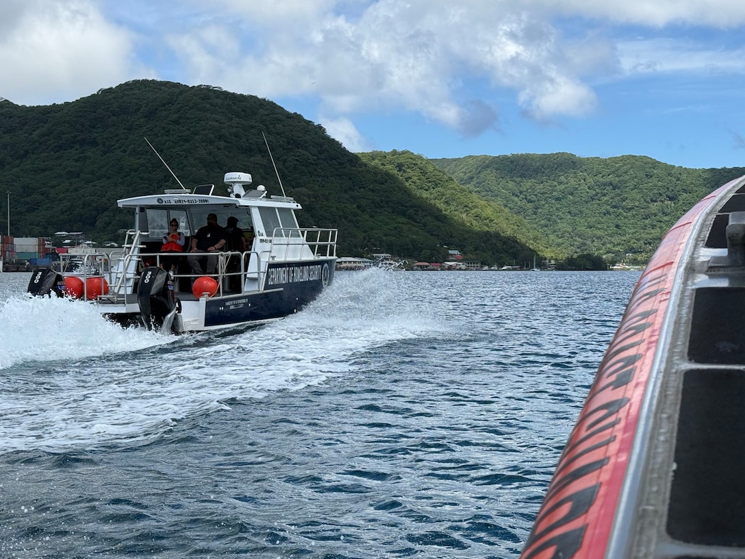 A boat crew assigned to U.S. Coast Guard Maritime Safety and Security Team Honolulu gets underway alongside an American Samoa Department of Homeland Security boat crew to conduct search and rescue training offshore Pago Pago, American Samoa, Feb. 24, 2025. MSST Honolulu and Coast Guard Sector Honolulu personnel deployed to American Samoa to train alongside agency partners, patrol the U.S. maritime border, and enforce U.S. laws and regulations. (U.S. Coast Guard photo, courtesy Maritime Safety and Security Team Honolulu)