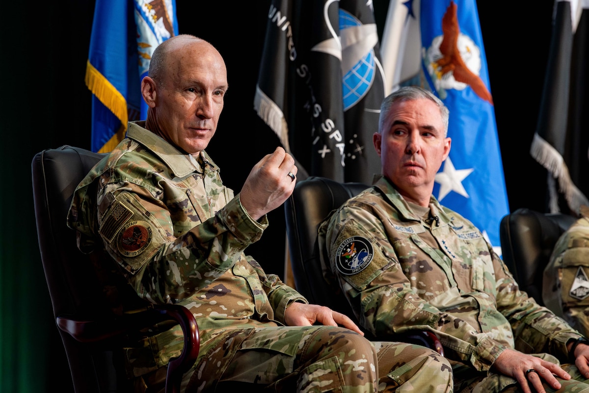 U.S. Air Force Chief of Staff Gen. David Allvin, left, speaks during a senior leader panel during the National Character and Leadership Symposium at the U.S. Air Force Academy, Colo., Feb. 21, 2025. Allvin and three other senior officials spoke to cadets, faculty, service members, visiting undergraduate students and community leaders during the hour-long session. Allvin emphasized the importance of warrior ethos, deterrence and innovation throughout the U.S. Air Force to set conditions for success on future battlefields. (US. Air Force photo by Dylan Smith)