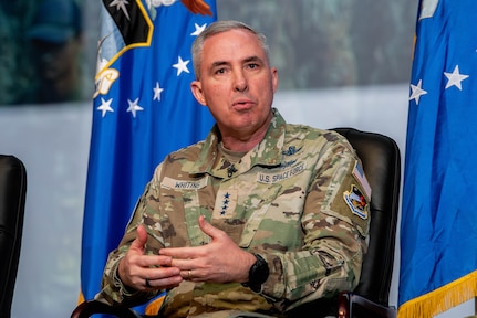 Gen. Stephen Whiting, U.S. Space Command commander, speaks at a senior leader panel during the National Character and Leadership Symposium at the U.S. Air Force Academy, Colo., Feb. 21, 2025. Whiting shared his philosophy on employing U.S. space capabilities to increase joint force lethality and to protect the joint force and the U.S. from space-enabled attacks. (U.S. Air Force photo by Dylan Smith)