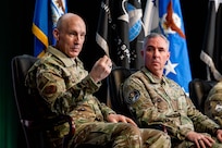 U.S. Air Force Chief of Staff Gen. David Allvin, left, speaks during a senior leader panel during the National Character and Leadership Symposium at the U.S. Air Force Academy, Colo., Feb. 21, 2025. Allvin and three other senior officials spoke to cadets, faculty, service members, visiting undergraduate students and community leaders during the hour-long session. Allvin emphasized the importance of warrior ethos, deterrence and innovation throughout the U.S. Air Force to set conditions for success on future battlefields. (US. Air Force photo by Dylan Smith)