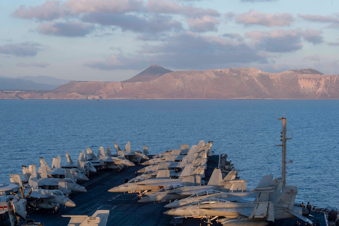 The Nimitz-class aircraft carrier USS Dwight D. Eisenhower (CVN 69) prepares to port in Souda Bay, Greece, April 28, 2024.