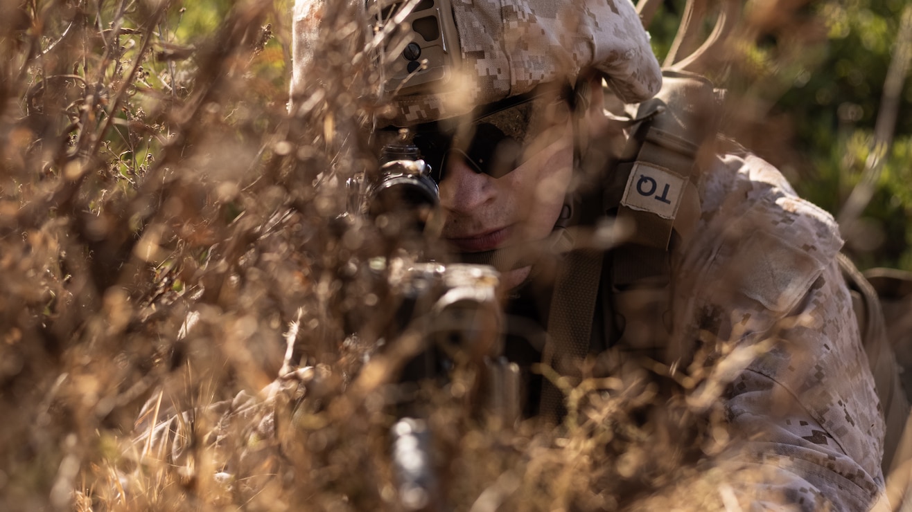 U.S. Marine Corps Cpl. Damien Hannigan, a satellite transmissions system operator with Battalion Landing Team 1/8, 24th Marine Expeditionary Unit (MEU) Special Operations Capable (SOC), sets security during military operations in urban terrain training on Naval Support Activity Souda Bay, Greece, Sept. 7, 2024.