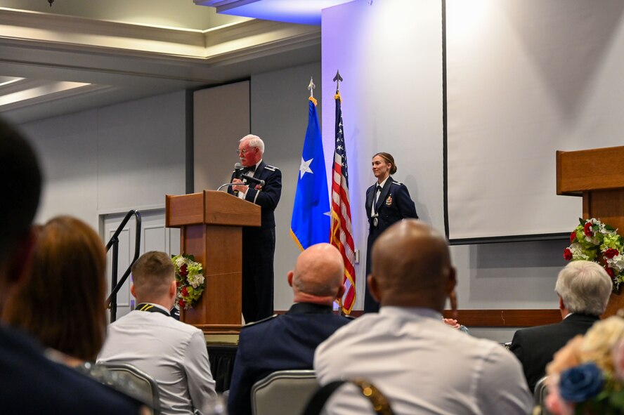(Ret.) Col. Ed Hubbard speaks to guests at the 2024 Annual Awards Banquet on March 1, 2025. Hubbard spent over six years as a POW in Northern Vietnam.