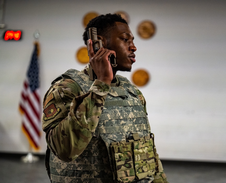 Airman 1st Class Kameron Freemon, a participant in the ETHOS program from the National Air and Space Intelligence Center, goes through clearing procedures while preparing for weapons training during the 88th Security Forces Squadron ETHOS program at Wright-Patterson Air Force Base, Ohio, Feb. 25, 2025.