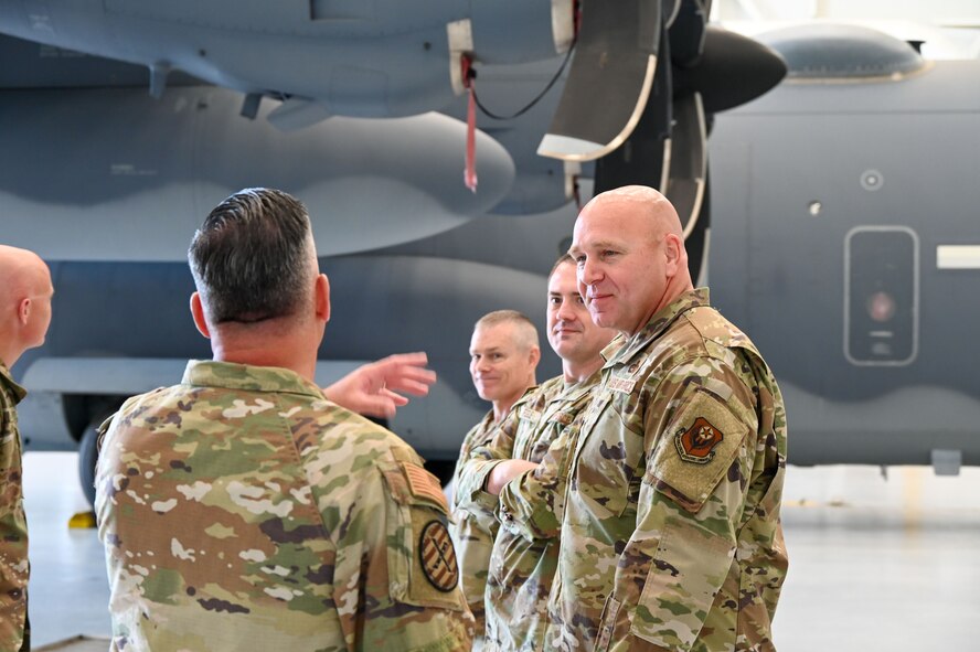 Chief Master Sergeant Anthony Green, Air Force Special Operations command chief, visits with 919 Special operations wing maintenance professionals on March 3, 2025, at Hurlbut Field, FL.