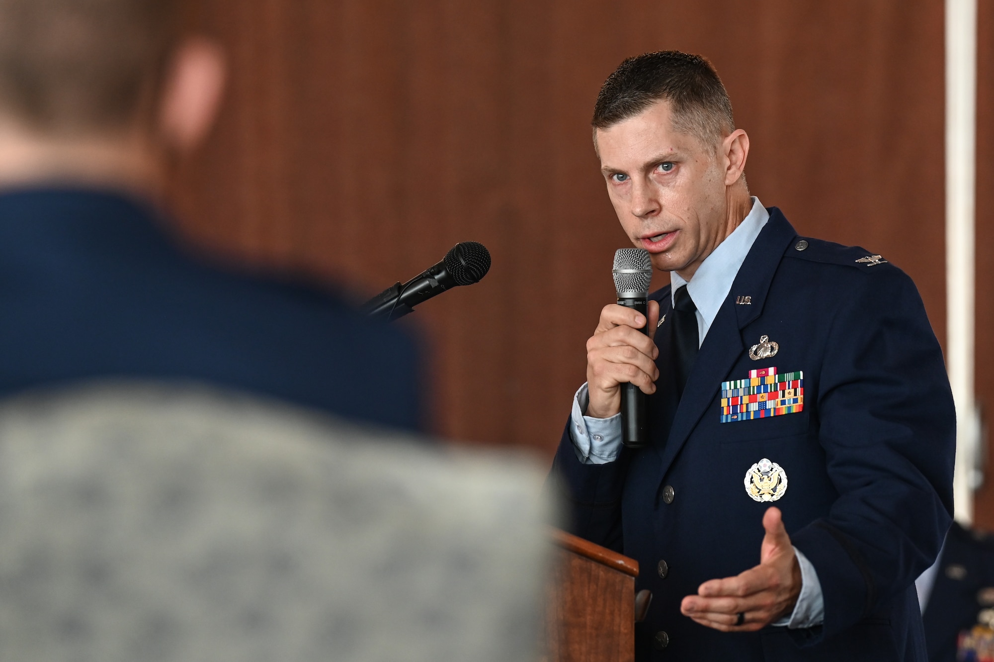 Col. Duncan speaks during a change in leadership ceremony.